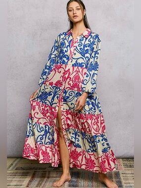POL Pink and Blue Floral Cotton Button Down Maxi Dress